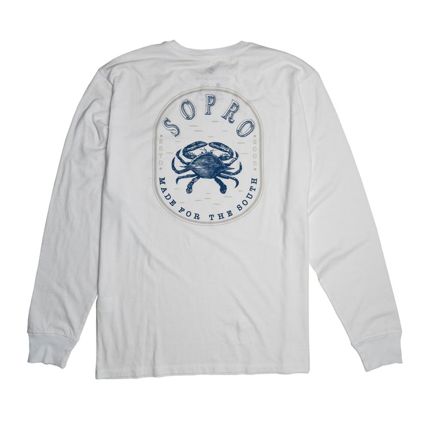 A white long-sleeve SoPro Crab LS Tee, made from Peruvian cotton blend.
