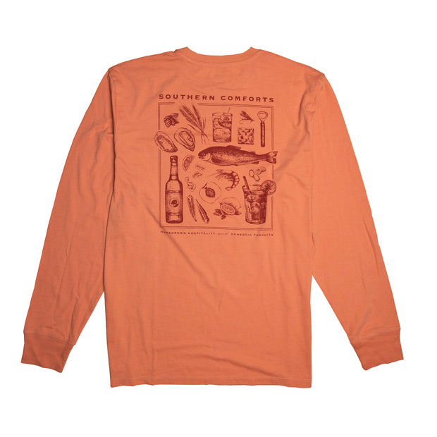 A Southern Comforts LS tee made from a Peruvian cotton blend, featuring an image of food and drinks.