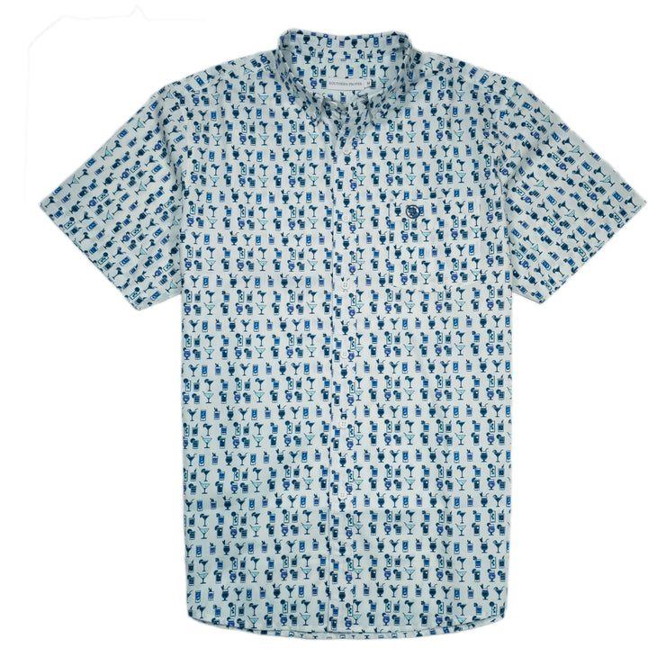 The tailored fit short sleeved Cocktail Shirt: Boat Drinks has a blue and white pattern.