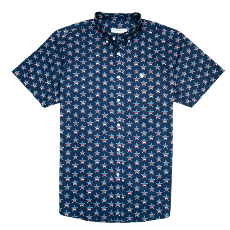 The Cocktail Shirt: Horizon Star has a blue and white star print.