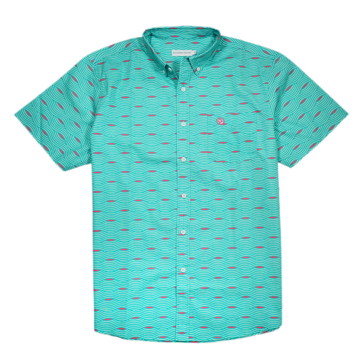 The Cocktail Shirt: Retro Wave in a pink and turquoise pattern is perfect for any cocktail event.