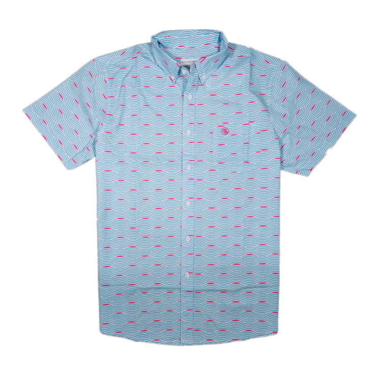 A Southern Proper cocktail shirt: Retro Wave with pink and blue flamingos, perfect for cocktail parties, tailored fit.