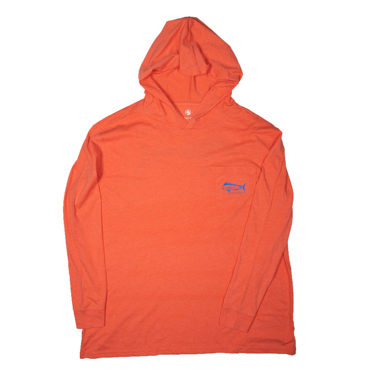 A heathered orange Hoodie Tee: Proper Dolphin with a blue logo on it, made of cotton and polyester.