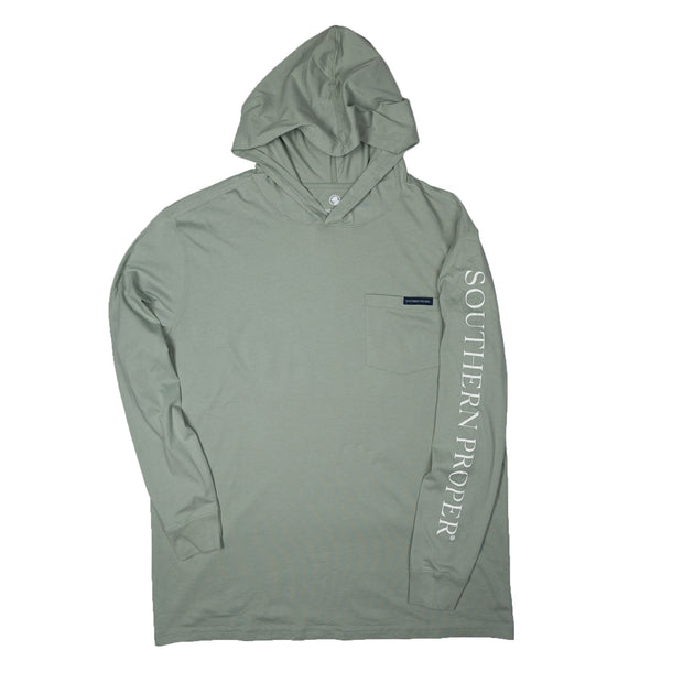 An Original Southern Hoodie Tee, made from Peruvian Cotton, features a marine sage long-sleeved hoodie with a pocket.