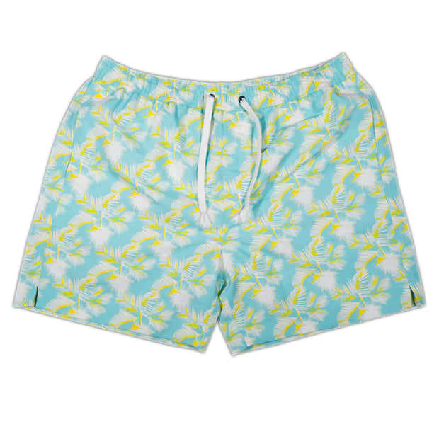 Blue and yellow Southern Swim 5.5": Native Palm swim trunks with a tropical print and elastic waistband.