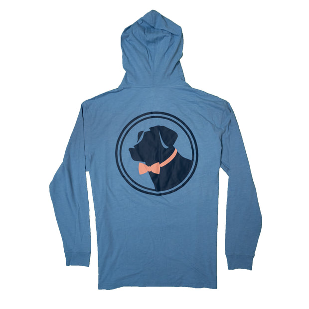 A blue Hoodie Tee: Original Logo with a dog on it made of Peruvian Cotton.