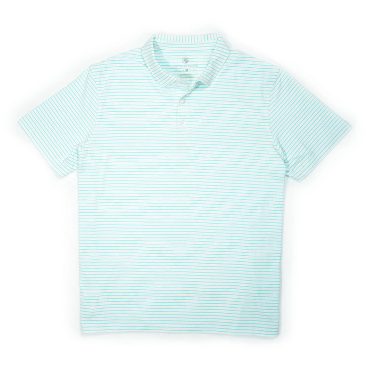 The Perdido Stripe Polo, a crisp and stylish men's blue and white stripe polo shirt.