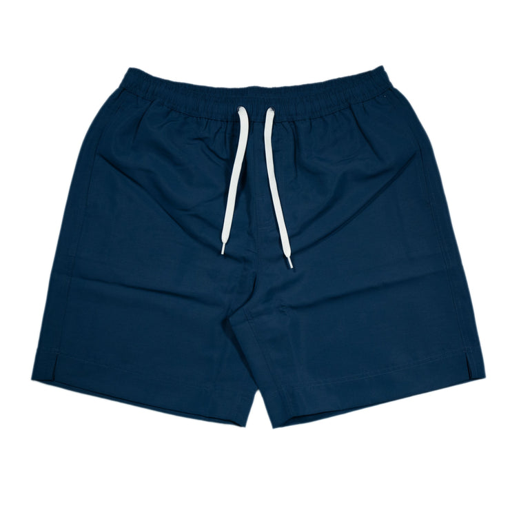 The Southern Swim - Solid men's navy swim shorts feature an elastic waistband and are made from polyester.