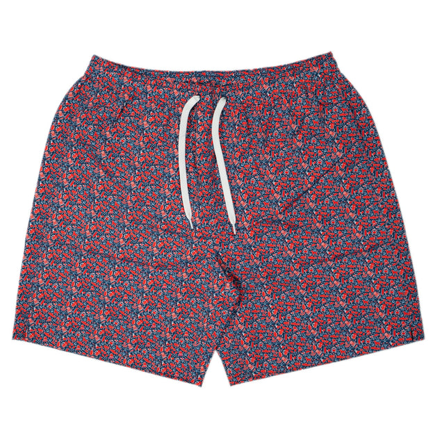 The Southern Swim 7.5" swim shorts in red and blue feature an elastic waistband and SPF 50 protection.