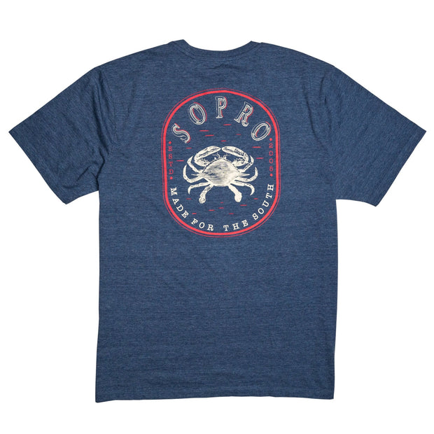 A SoPro Crab SS Tee made from Peruvian cotton blend, featuring a blue t-shirt with an image of a crab on it.
