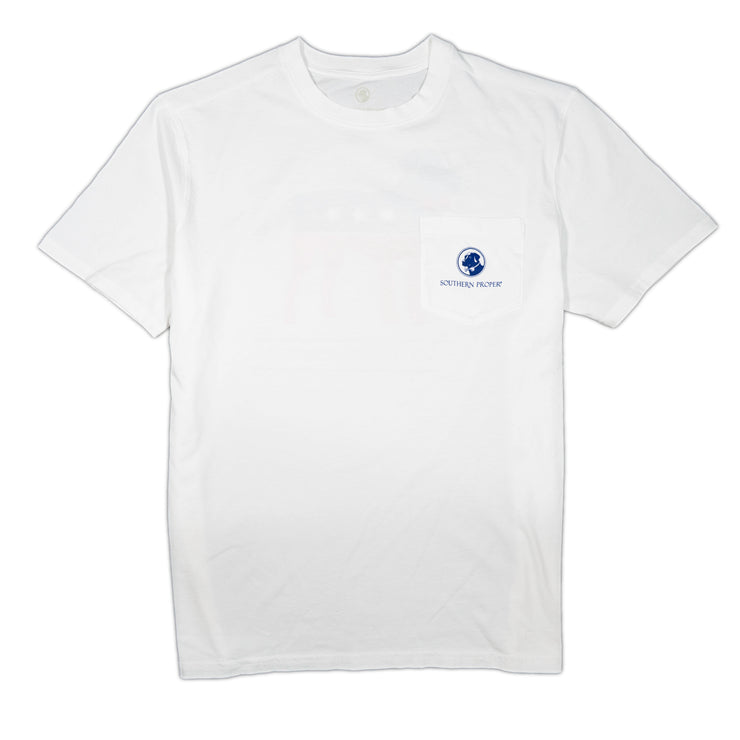 A white Heathered Short Sleeve Tee with a blue logo on it by River Dog.