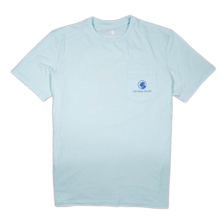 A light blue short sleeve Paradise SS Tee with a printed blue logo, from Southern Proper.