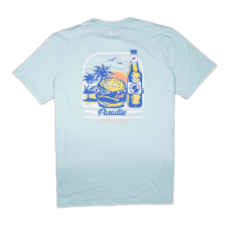 A light blue Paradise SS Tee with a printed logo of a burger and beer, from Southern Proper.