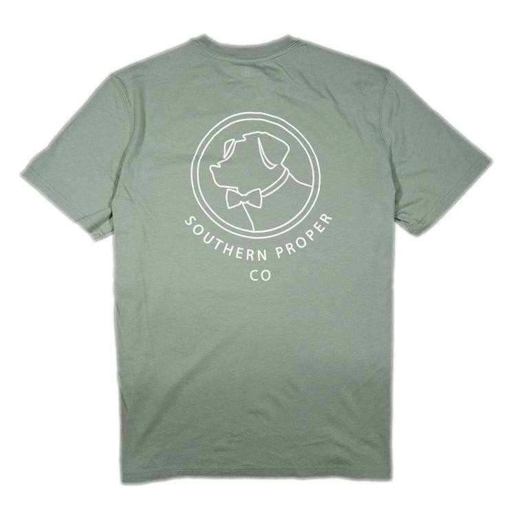 A sage green Line Lab SS Tee with a white logo on it.