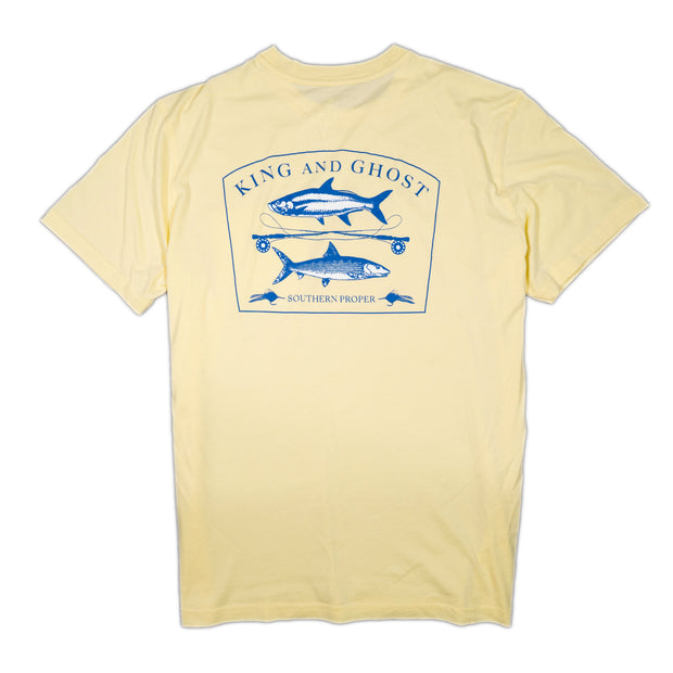 A yellow crew neck King & Ghost SS Tee with a printed blue fish logo and short sleeves.