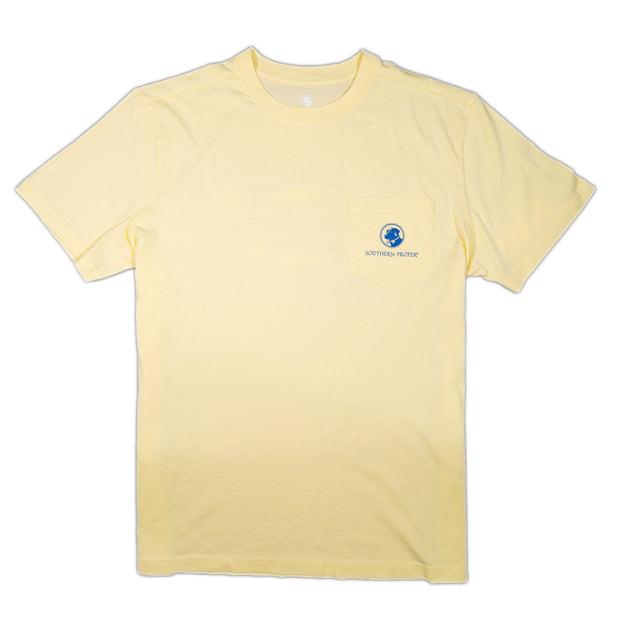 A yellow King & Ghost SS Tee with a blue printed logo.