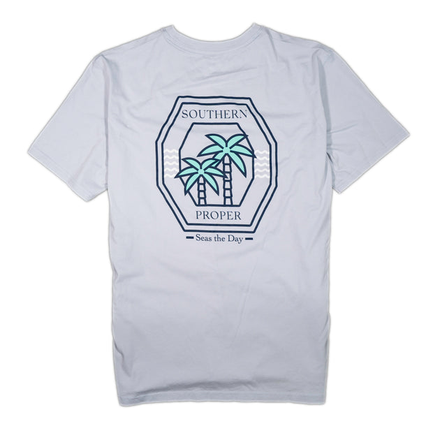 A Printed Logo Southern Proper Short Sleeve Tee: Seas the Day with a palm tree on it.
