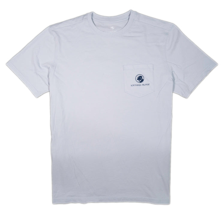 A Southern Proper Seas the Day short sleeve tee with a blue printed logo on it.