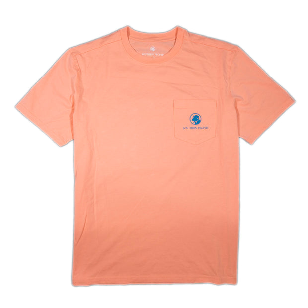 A Beach Walk SS Tee with a printed blue logo on it.