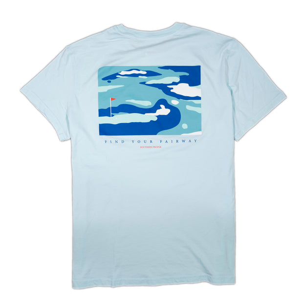 A light blue Short Sleeve Tee: Find your Fairway with a printed logo of the ocean.