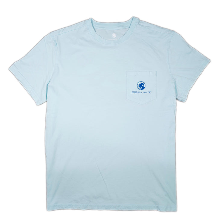 A light blue Short Sleeve Tee: Find your Fairway with a printed logo on the front pocket.