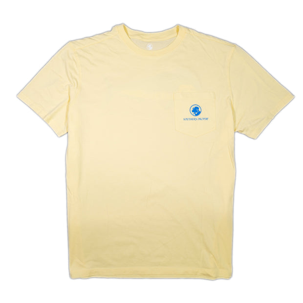 A yellow crew neck Beach Walk SS Tee with a printed blue logo on its short sleeve.