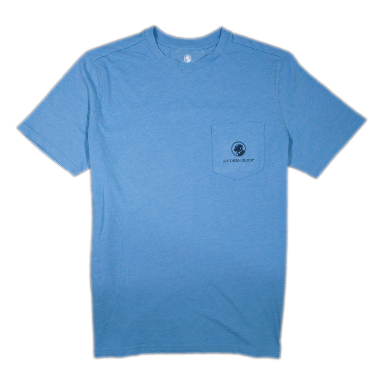 A soft blue crew neck Proper Margarita SS Tee with a logo on the front.
