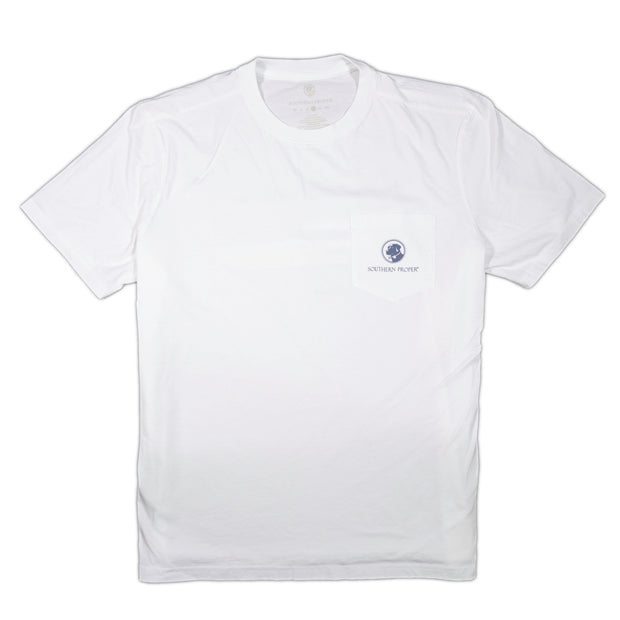 A white short sleeve Voice of the Sea SS Tee with a blue printed logo of Southern Proper.