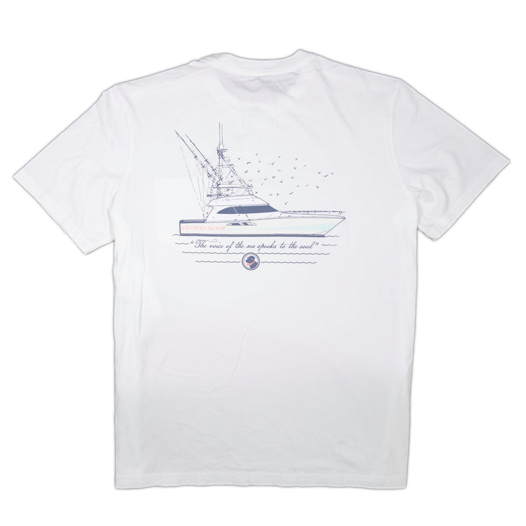 A Voice of the Sea SS Tee white printed logo t-shirt with a boat on it.