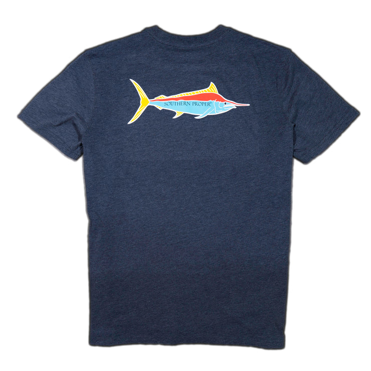 A Proper Marlin short sleeve tee with a colorful fish on the back, featuring a printed logo and a crew neck tee.