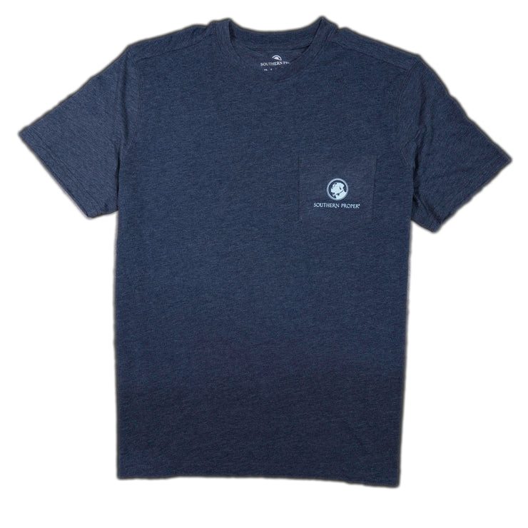 The men's navy crew neck Original Logo PA Pattern - SS Tee with a printed front pocket, made from a soft Peruvian cotton blend.