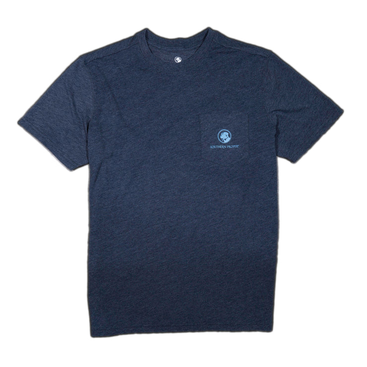 A navy short sleeve Paradise Found SS Tee with a printed blue logo by Southern Proper.
