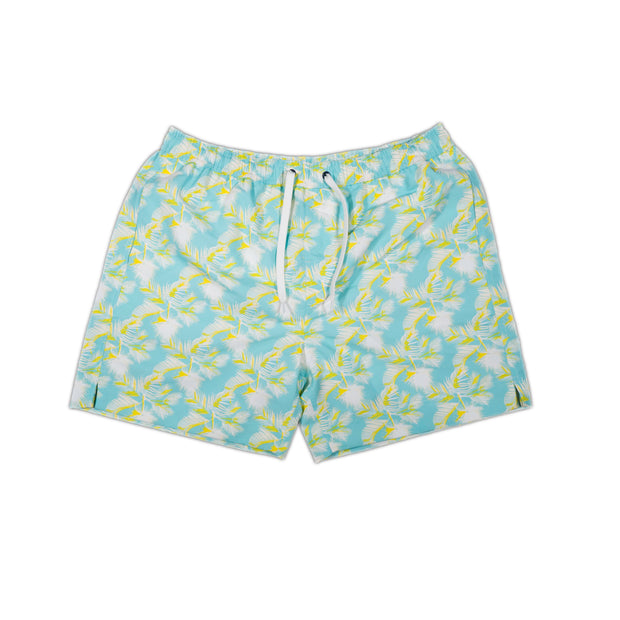 A Southern Swim 5.5": Native Palm swim trunk for men featuring a tropical print and an elastic waistband.