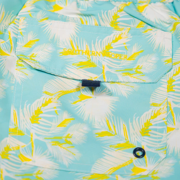 The Southern Swim 5.5": Native Palm swim trunk features an elastic waistband and has an inseam on the pockets.