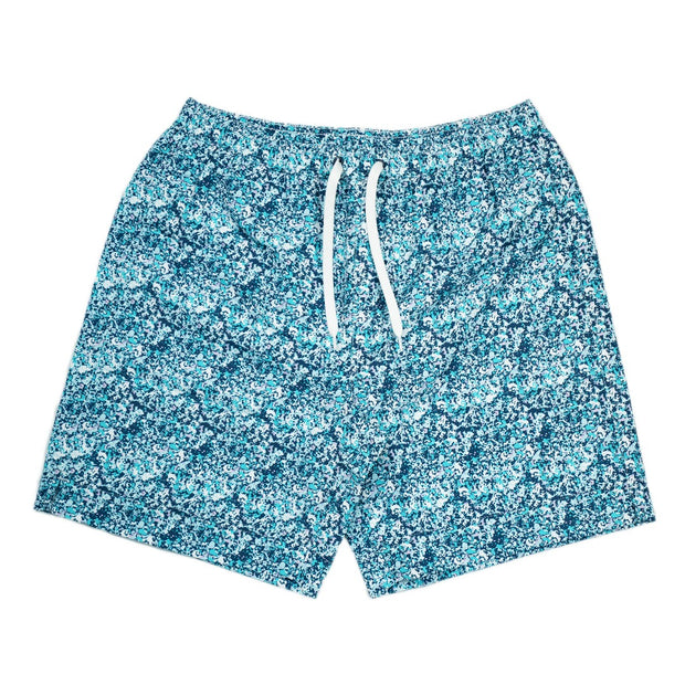 Southern Swim 7.5" Swim trunks with a blue and white paisley print featuring a comfortable mesh lining.