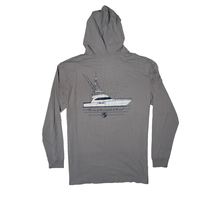 A cozy Southern Hoodie Tee featuring a gray boat design, made from Peruvian Cotton. Product Name: Voice of the Sea Hoodie Tee