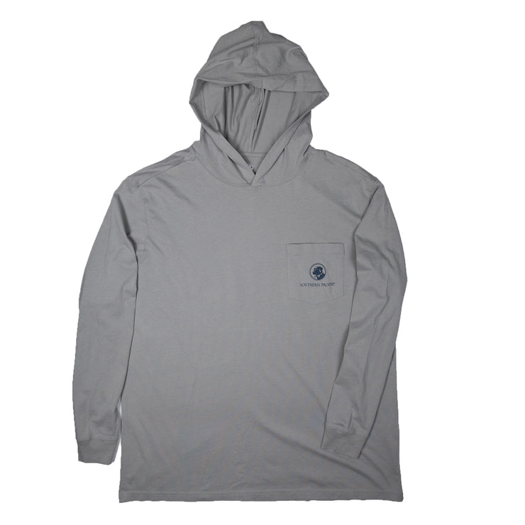 A Southern "Hoodie Tee: Voice of the Sea" made of Peruvian Cotton, featuring a gray color with a blue logo on it.