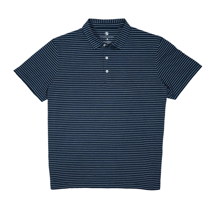 The men's Perdido Stripe polo shirt is a cotton forward polo in navy and white stripes.